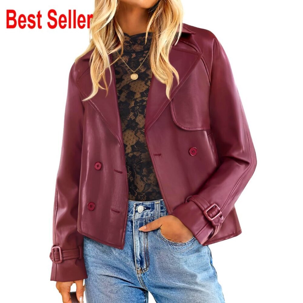 Faux Leather Oversized Motorcycle Jacket, Button Front, Medium Thickness, Loose